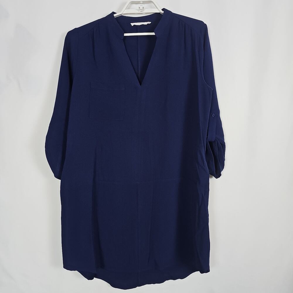 Lush Peacoat Navy Blue Shift Tunic Dress Roll Tab Sleeve Polyester Relaxed Fit L